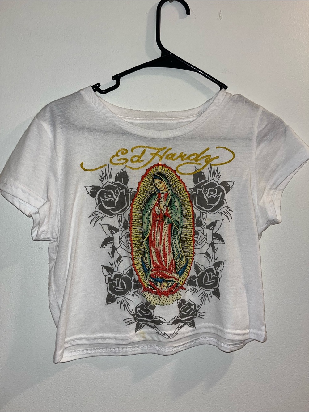 Ed Hardy White Crop Top with Multicolor Guadalupe Graphic